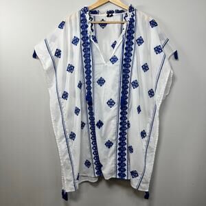 J Crew Women's Swim Coverup Dress Medium White Blue Embroidered Kimono